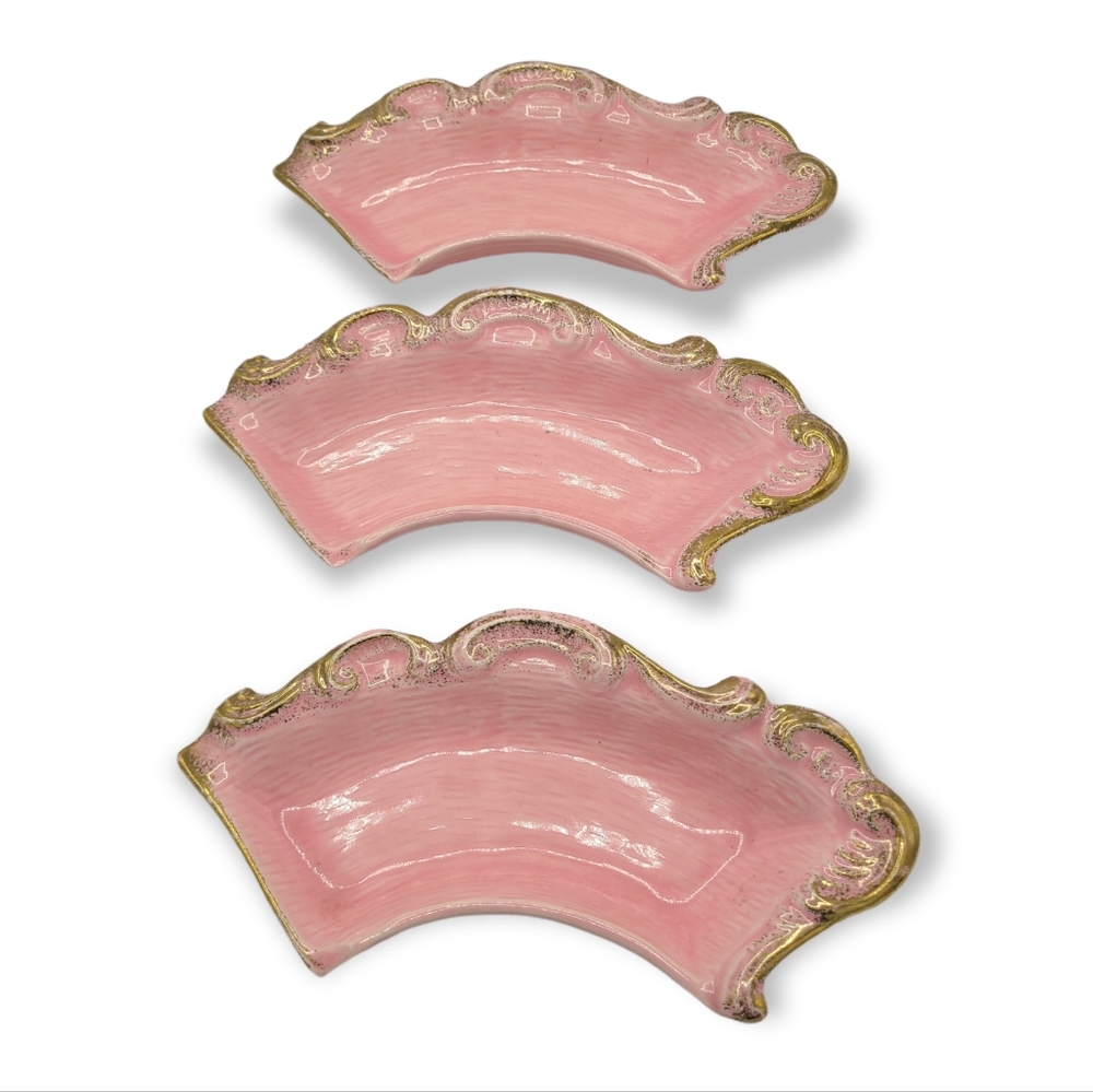 Mid Century California American Pottery 254 Filigree Dish Pink & Gold Set of 3